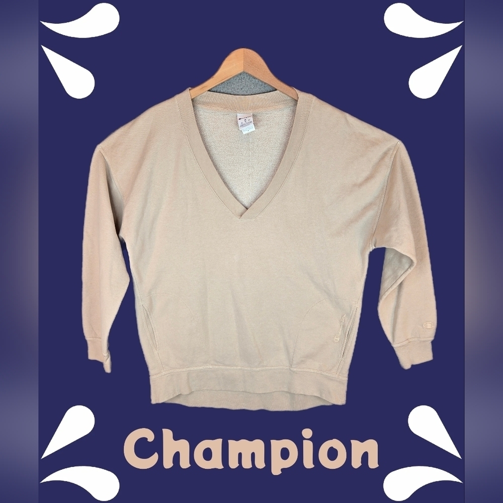 Champion Oversize Beige Sweatshirt Unisex Sz M Cotton Blend Pocket Drop Shoulder